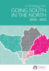 The front cover of A Strategy for Going South in the North 2016-2021. The title appears at the top of the image. An illustrated image depicting the local government areas in Melbourne's nothern region appears on the centre of the page in different shades of pink, grey and green, on a pale green background. The WHIN logo appears in the bottom right. 