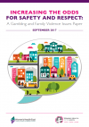 Front cover of the INCREASING THE ODDS  FOR SAFETY AND RESPECT: A Gambling and Family Violence Issues Paper. An illustration on the cover shows a speech bubble containing different aspects of community, people living in houses, apartments and cities. Cars, buses and bikes show different ways that people travel.  