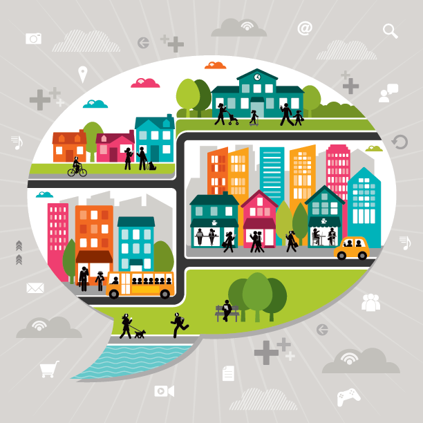 An illustration in cartoon style. A speech bubble contains different aspects of community, people living in houses, apartments and cities. Cars, buses and bikes show different ways that people travel.