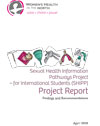 Front page of the SHIPP report. Text says 'Sexual Health Information Pathways Project  – for International Students (SHIPP) Project Report'. Illustrations of an intra-uterine device, a condom and wrapper, a menstrual cup, a speculum, an anatomical view of a clitoris and a manual breast pump appear above the text. The WHIN logo appears in the top left corner.