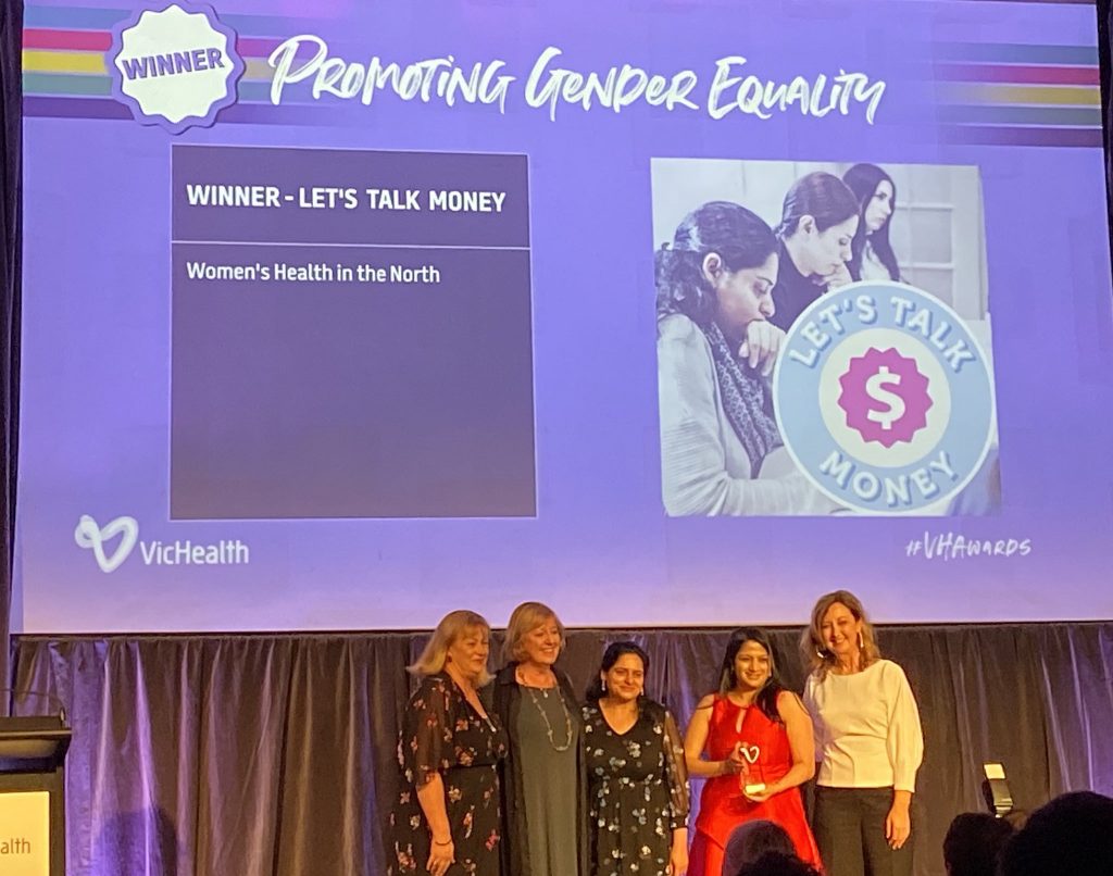 WHIN Health Promotion Manager Sandra Morris, CEO Helen Riseborough, Health Promotion Officers Sadia Khalid and Manasi Wagh receive an award from VicHealth Chair Fiona McCormack at VicHealth Awards 2019
