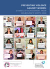 The front cover of this resources shows text that says 'PREVENTING VIOLENCE AGAINST WOMEN: STORIES OF ACHIEVEMENT FROM MELBOURNE’S NORTH 2020'. Sixteen small photos of women holding up signs with messages about gender equality appear. The WHIN and BRC logos appear at the bottom of the page.