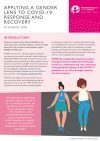 The front page of the Applying a Gender Lens to COVID-19 Response and Recovery resource. Two cartoon women appear below paragraphs of text. The name of the report and the WHIN logo appear at the top. 