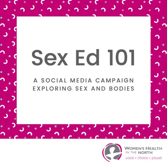 The front cover of Sex Ed 101. Text says 'Sex Ed 101 A social media campaign exploring sex and bodies'. The text is surrounded by a decorative border in hot pink with white, blue and pink squiggles. The WHIN logo appears in the bottom right.