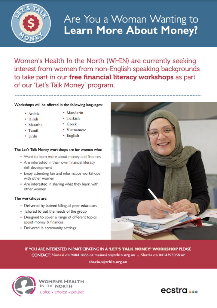 The first page of the 'Let's Talk Money' request form. Text appears on the page, along with a photo of a woman in a hijab smiling at the camera.