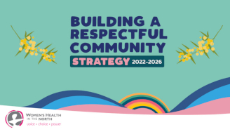 Against a teal background with yellow wattle flowers are the words 'Building a Respectful Community Partnership' above a stylised rainbow coloured landscape