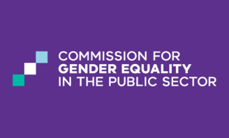 Against a dark purple background appears the large white text 'Commission for gender equality in the public health sector'. Three squares of blue, white and green appear on the left of the text. This image is drawn from the logo used on the above commission's website.