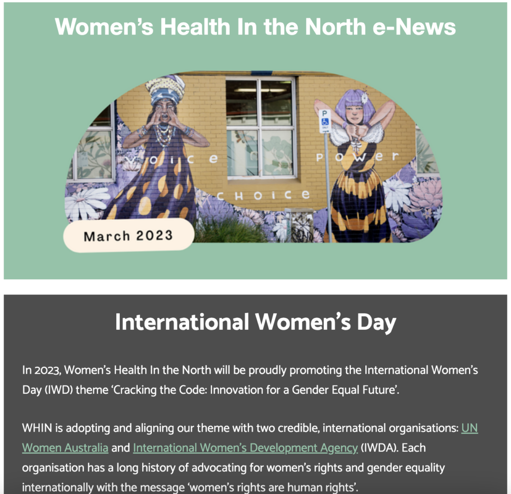 An image shows the March edition of WHIN's e-news. The lead piece is titled International Women's Day.