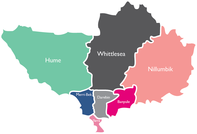 An illustration of the Northern Melbourne Region. Different shades of pink, green, blue and grey show the boundaries of the local government areas. They include Whittlesea, Nillumbik, Hume, Merri-Bek, Darebin, Banyule and Yarra.