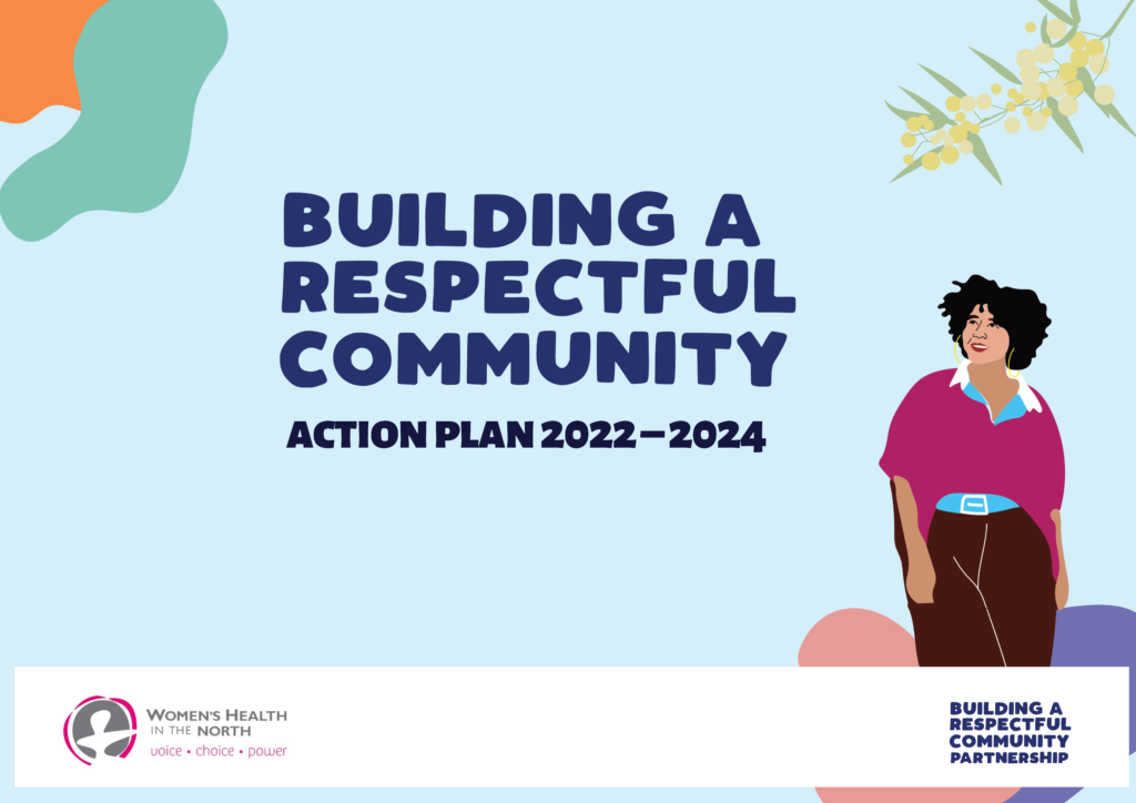 The cover of this resource shows the text 'Building a Respectful Community Action Plan 2022–24'. An illustration of a woman with curly hair and a pink shirt appears in the bottom right. The WHIN and BRC logos appear at the bottom of the page. An illustration of wattle appears in the top right.