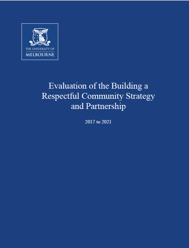 The front cover of this resources shows a dark blue background. White text says 'Evaluation of the Building a Respectful Community Strategy and Partnership 2017 to 2021'. The University of Melbourne logo appears in the top left.