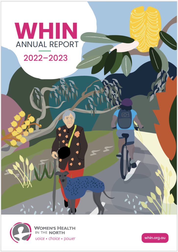 The cover of WHIN's 2023 annual report. Australian plants appear in the background. We see the back of a cyclist travelling away from us. An older asian woman is walking with her dog. Text at the top of the image says 'WHIN Annual Report 2022–2023. The WHIN logo appears in the bottom left corner.