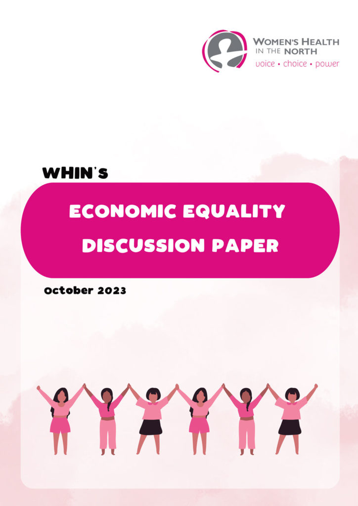 The front cover of this report shows text that says 'Economic Equiality Discussion Paper'. The background is pale pink. Six cartoon women raise their hands at the bottom of the image. The WHIN logo appears in the top right corner. 