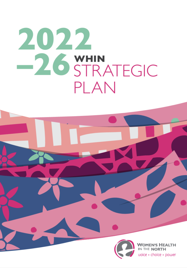 The cover of WHIN's strategic plan. Text says '2022-2026 WHIN Strategic Plan'. A colourful illustration in different shades of pink and blue appears below the text.