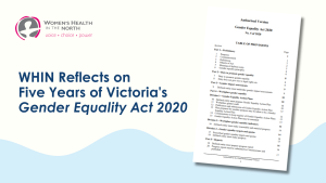 Page of the gender equality act 2020 on a blue and beige backgound.
